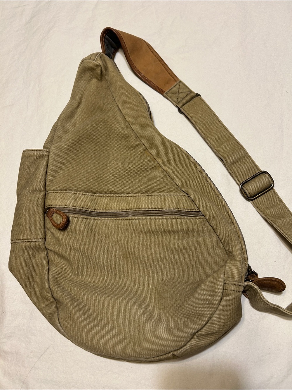 L.L. Bean Olive Green Canvas Sling Belt Bag with Brown Leather Trim